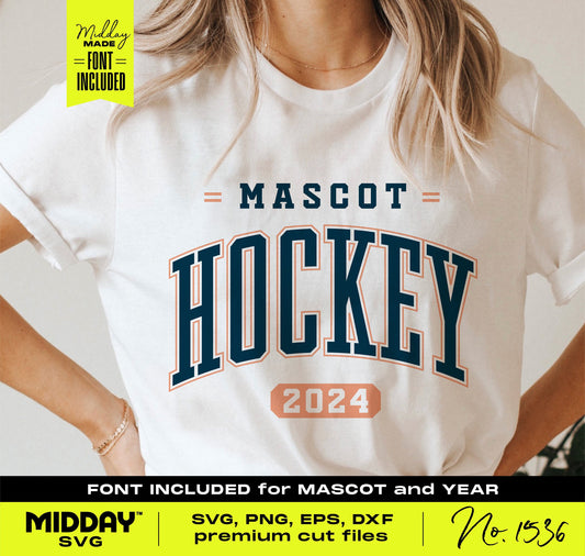 Customizable hockey team shirt design with SVG, PNG, EPS, DXF formats; includes mascot font. Ideal for Cricut and Silhouette users.