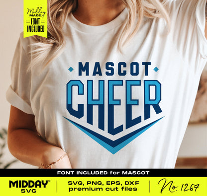 Person wearing a shirt with 'Mascot Cheer' design featuring SVG, PNG, EPS, DXF formats; font included for DIY crafting.