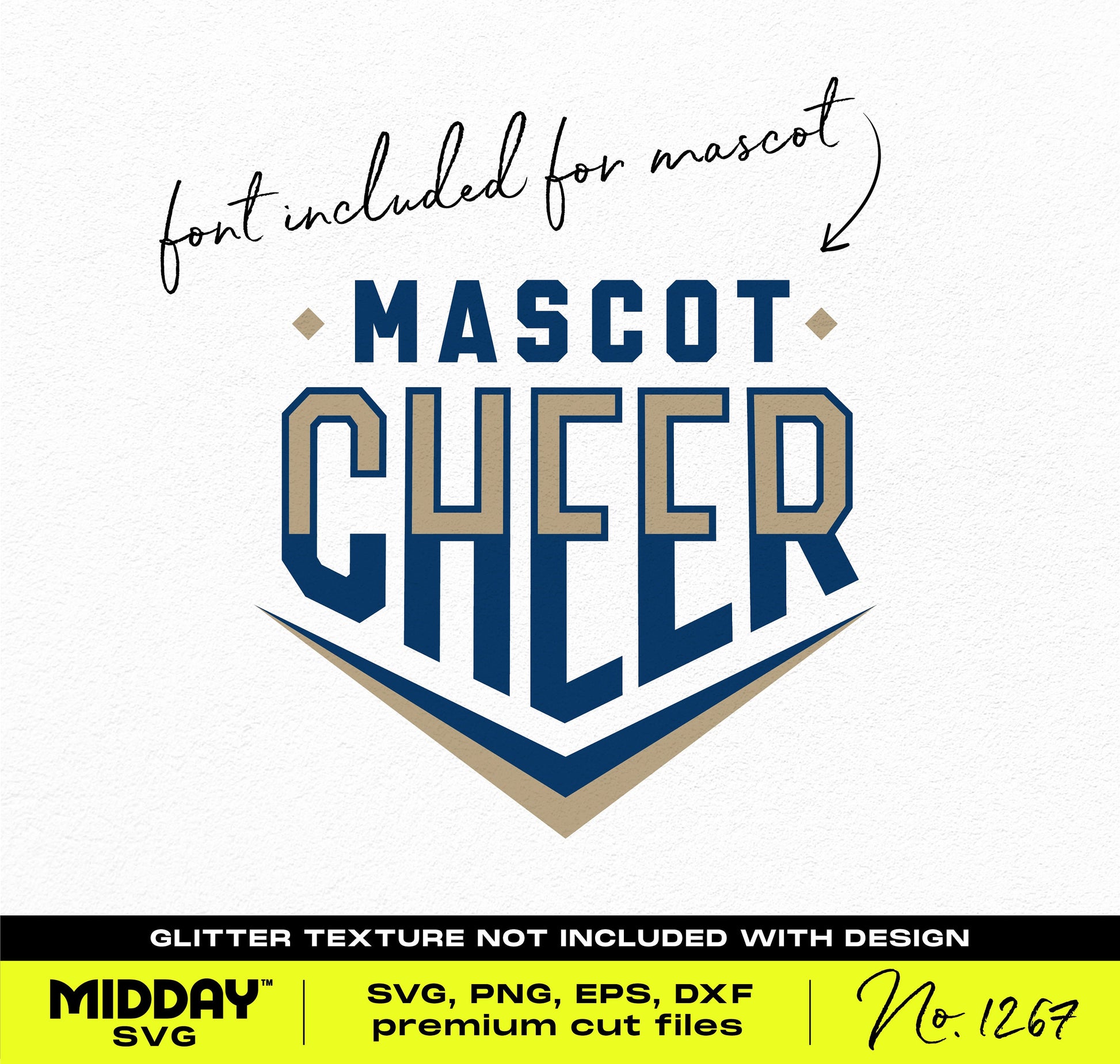Cheer SVG design featuring 'Mascot Cheer' text for shirts, digital file download in SVG, PNG, DXF, EPS formats. Glitter texture not included.