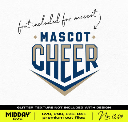 Cheer SVG design featuring 'Mascot Cheer' text for shirts, digital file download in SVG, PNG, DXF, EPS formats. Glitter texture not included.