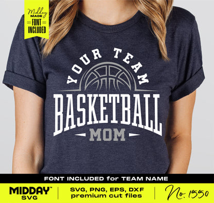 Woman wearing a navy blue t-shirt with "Your Team Basketball Mom" design for Cricut and Silhouette. Includes SVG, PNG, EPS, DXF files.