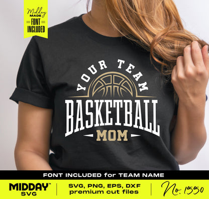 Woman wearing a stylish black t-shirt with 'Basketball Mom' design and customizable team name, perfect for Cricut or Silhouette projects.