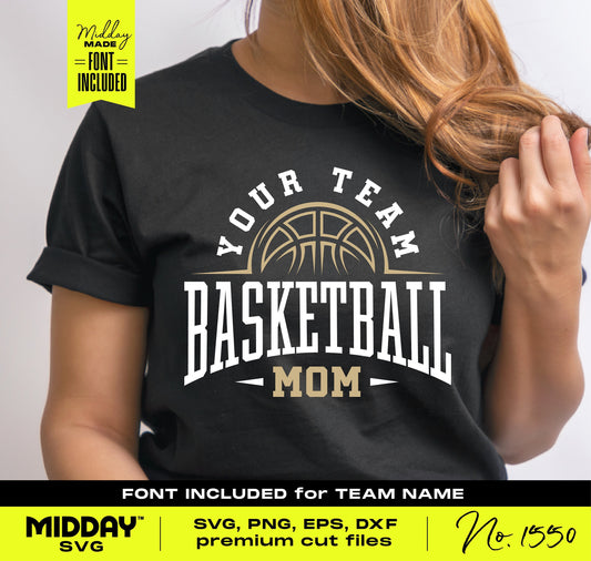 Woman wearing a stylish black t-shirt with 'Basketball Mom' design and customizable team name, perfect for Cricut or Silhouette projects.