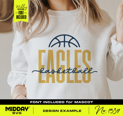 Person wearing a sweater with "Eagles Basketball" design, showcasing a basketball team SVG design for Cricut and crafting.