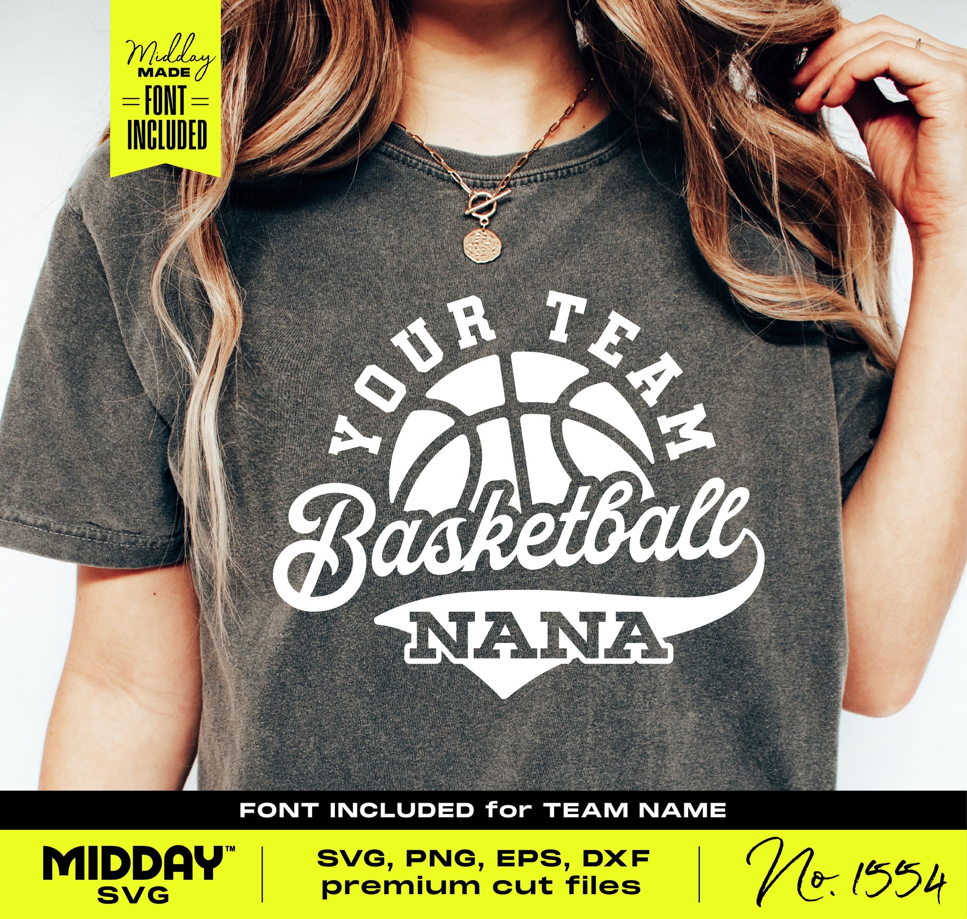 Woman wearing a 'Your Team Basketball Nana' shirt, part of a digital SVG bundle for Cricut and Silhouette cutting machines.