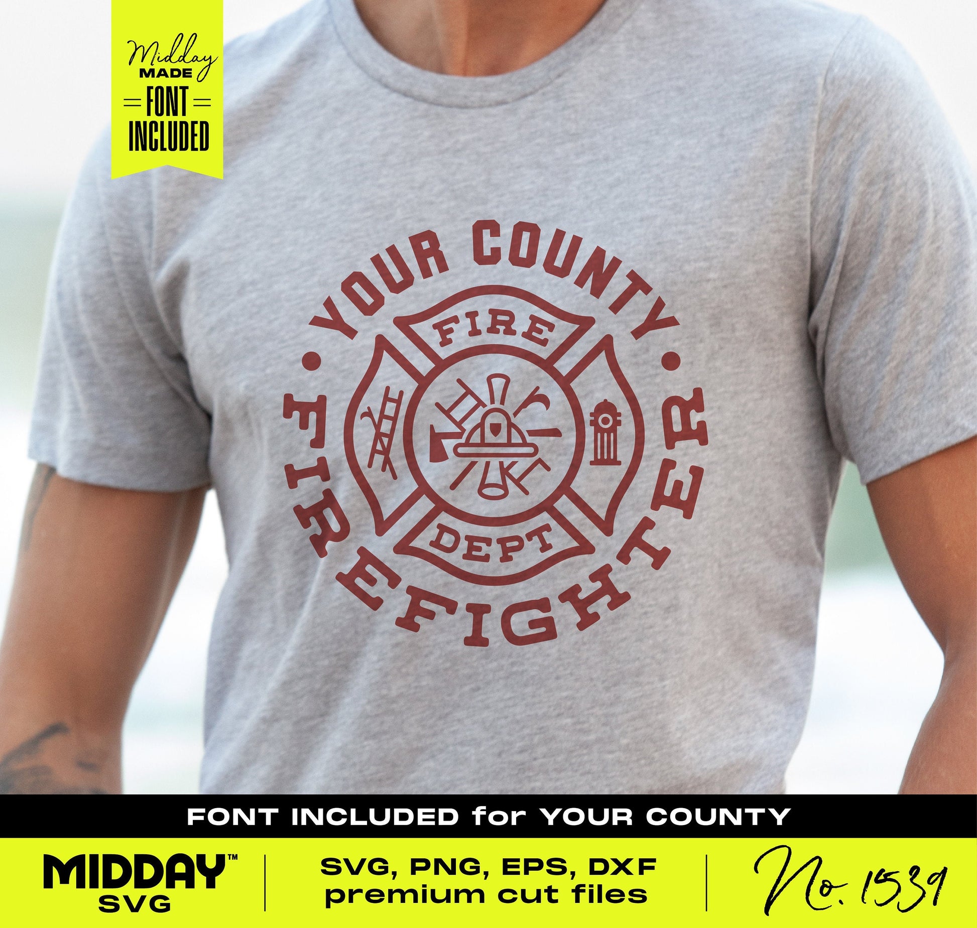 Person wearing t-shirt with 'Your County Firefighter' design, available in SVG, PNG, EPS, DXF formats for Cricut and Silhouette.