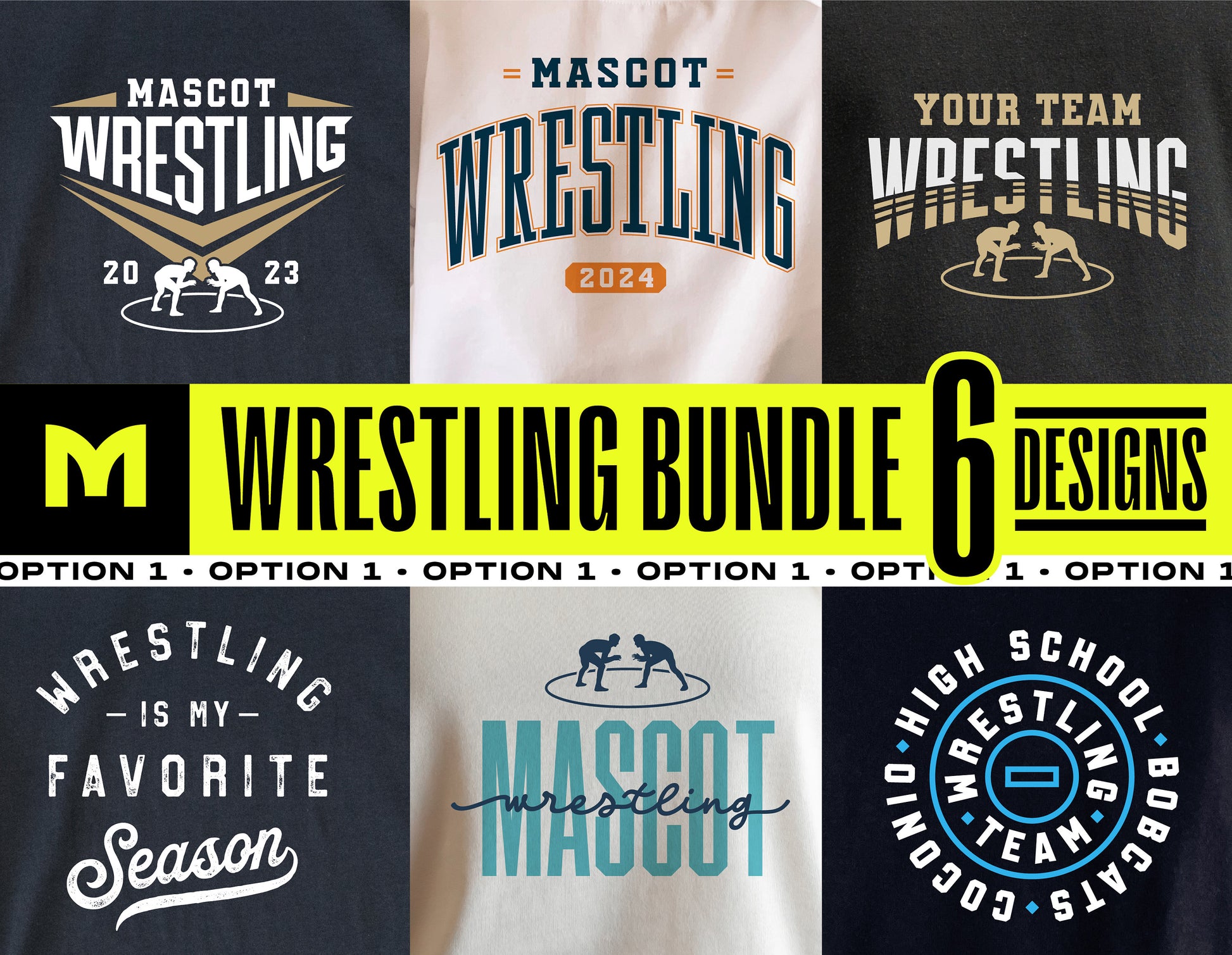 Wrestling SVG Bundle featuring 6 designs for shirts, including team templates and wrestling-themed graphics, ideal for Cricut and Silhouette.