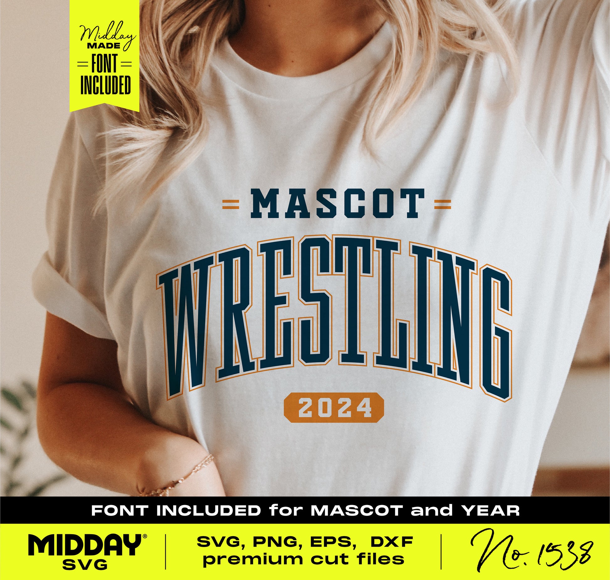 Woman wearing a wrestling shirt featuring customizable mascot and year text, ideal for Cricut and Silhouette projects. Font included.