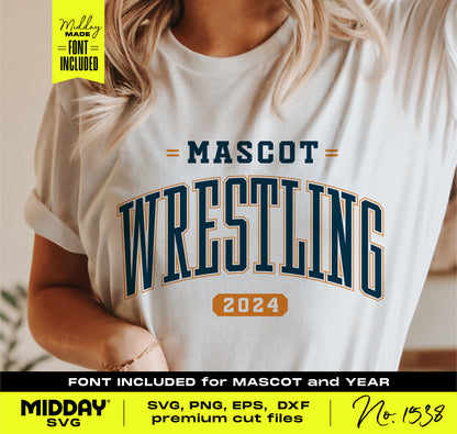 Woman wearing a wrestling shirt featuring customizable mascot and year text, ideal for Cricut and Silhouette projects. Font included.