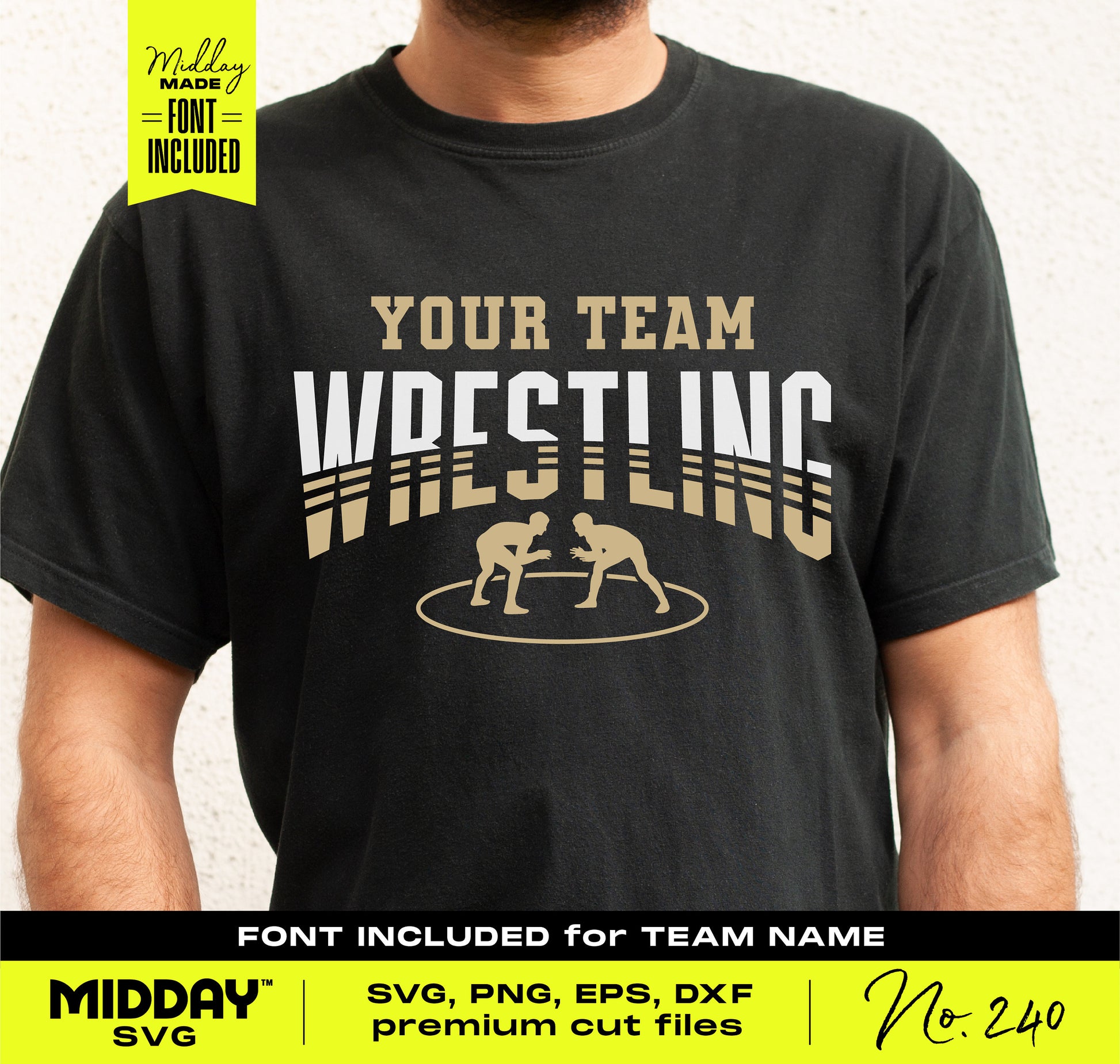 Black wrestling shirt with customizable text, featuring wrestling SVG design. Includes font for personalized team name. DIY Cricut/Silhouette file.