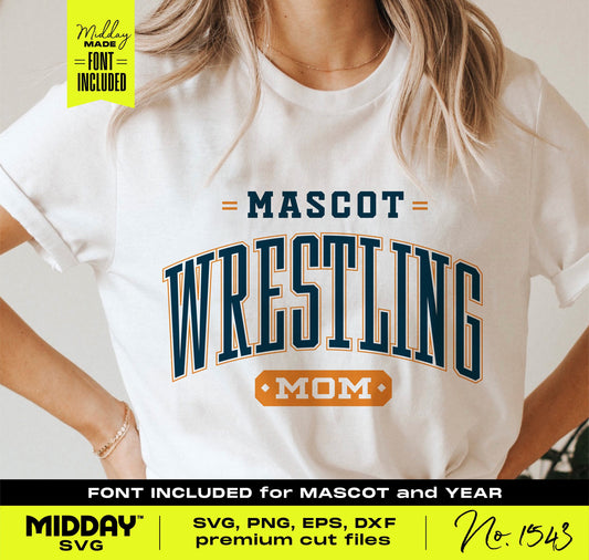 Wrestling Mom shirt design with customizable mascot and year, SVG and PNG files for DIY crafting and Cricut, font included.