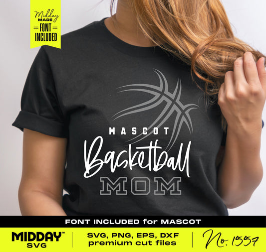 Woman wearing a black shirt with 'Mascot Basketball Mom' design for use with Cricut and Silhouette, featuring SVG, PNG, EPS, DXF files.