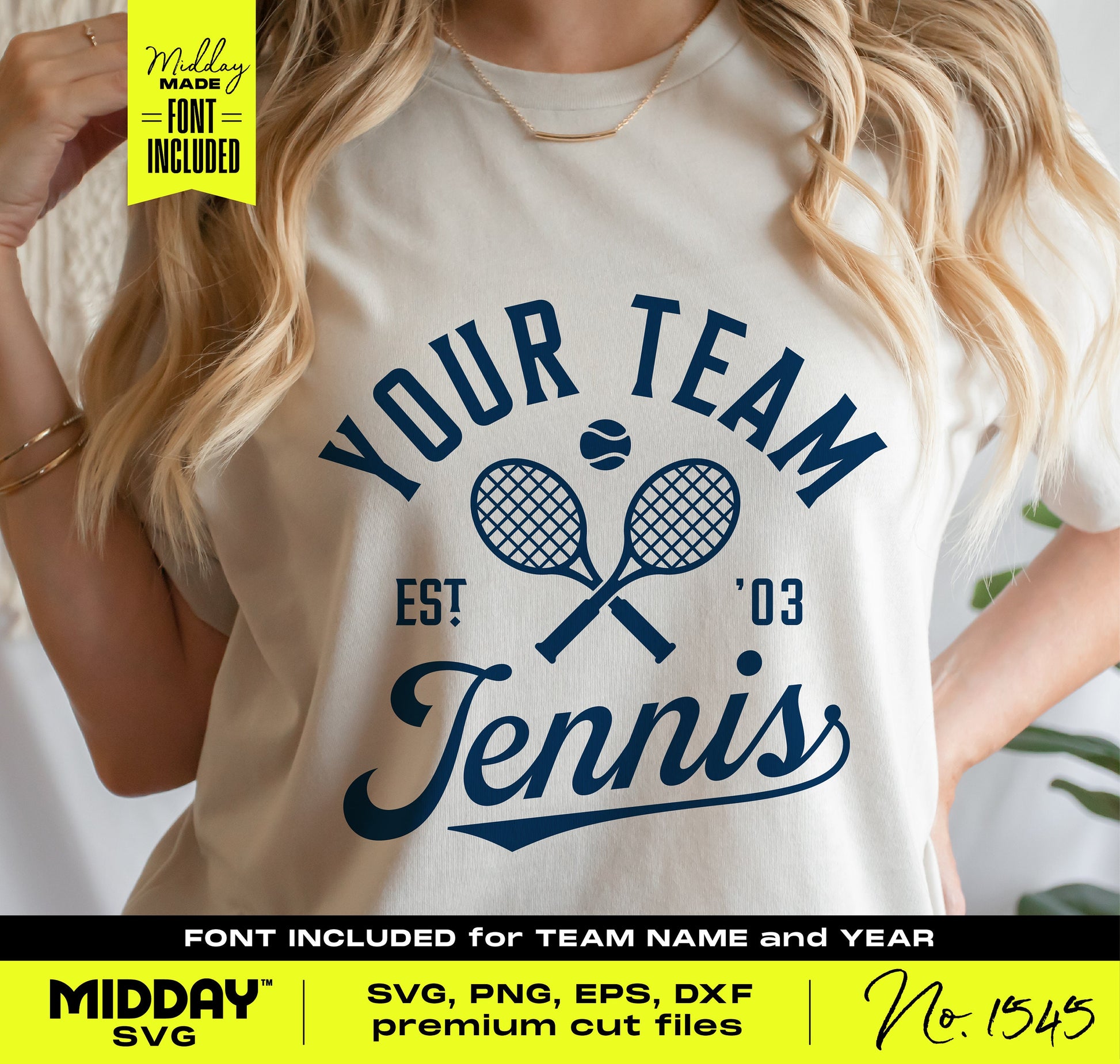 Customizable tennis team shirt in white featuring crossed rackets and text, perfect for Cricut and Silhouette projects.