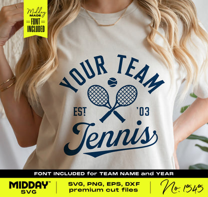 Customizable tennis team shirt in white featuring crossed rackets and text, perfect for Cricut and Silhouette projects.
