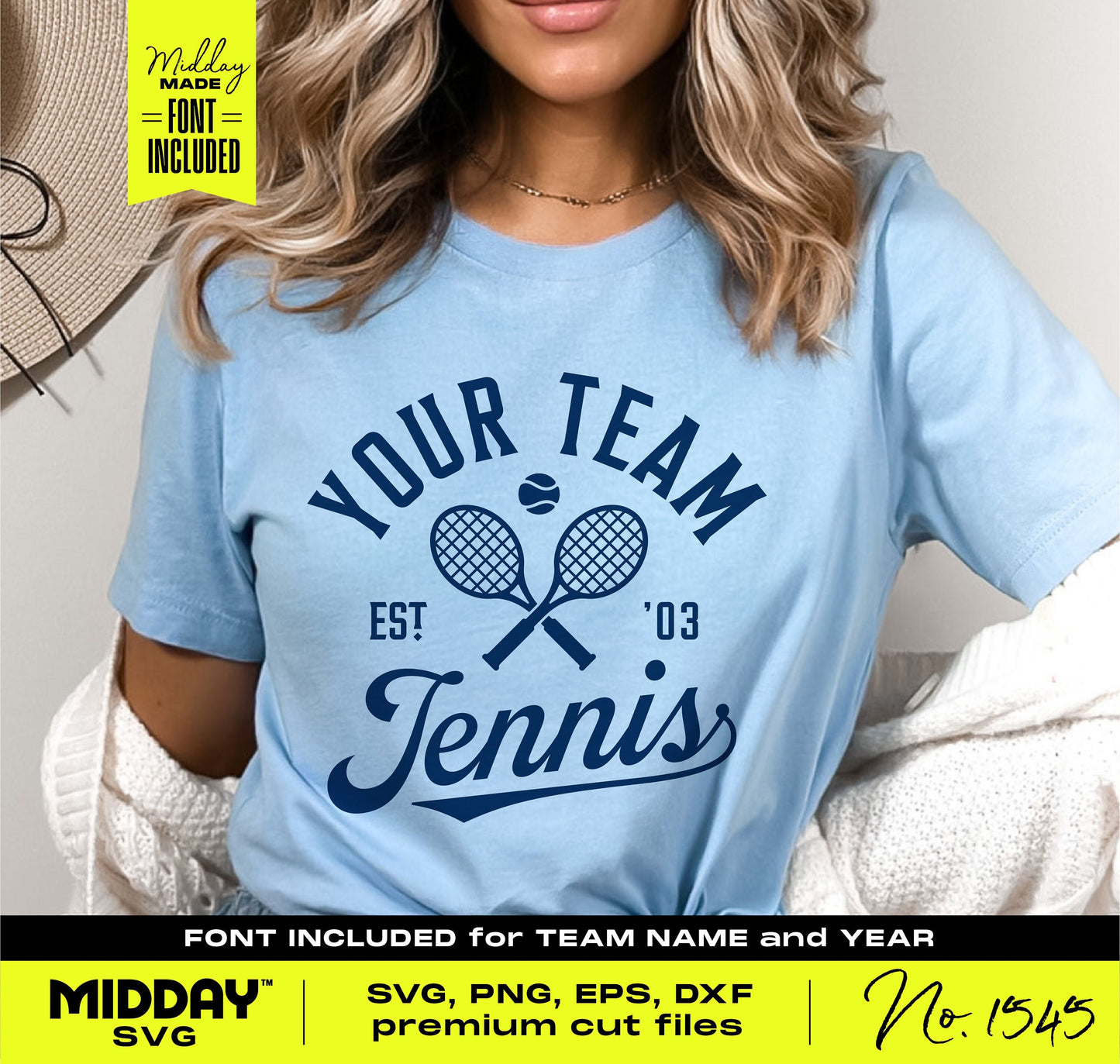 Woman wearing a blue t-shirt with 'Your Team Tennis' design, offering SVG, PNG, EPS, DXF files for Cricut and Silhouette.