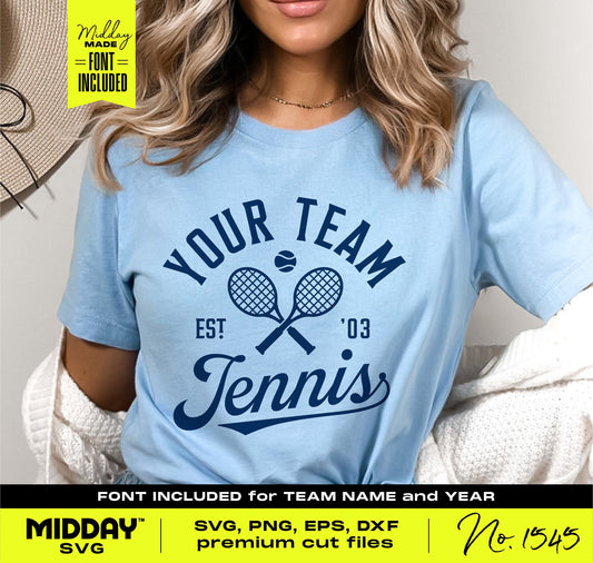 Woman wearing a blue t-shirt with 'Your Team Tennis' design, offering SVG, PNG, EPS, DXF files for Cricut and Silhouette.