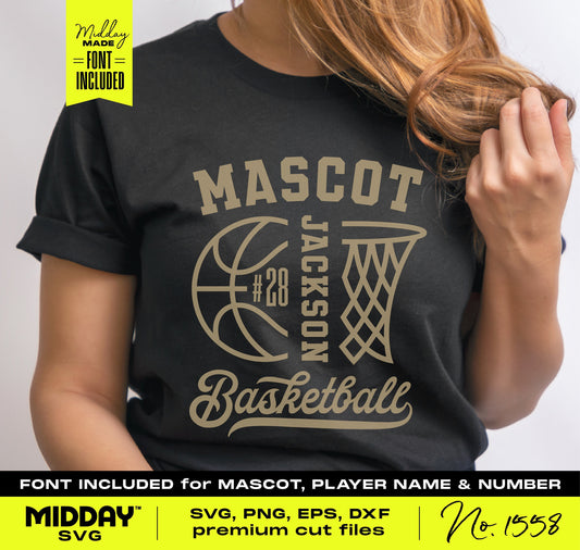 Black t-shirt with customizable basketball design template featuring player name, number, and basketball graphic, ideal for Cricut users.