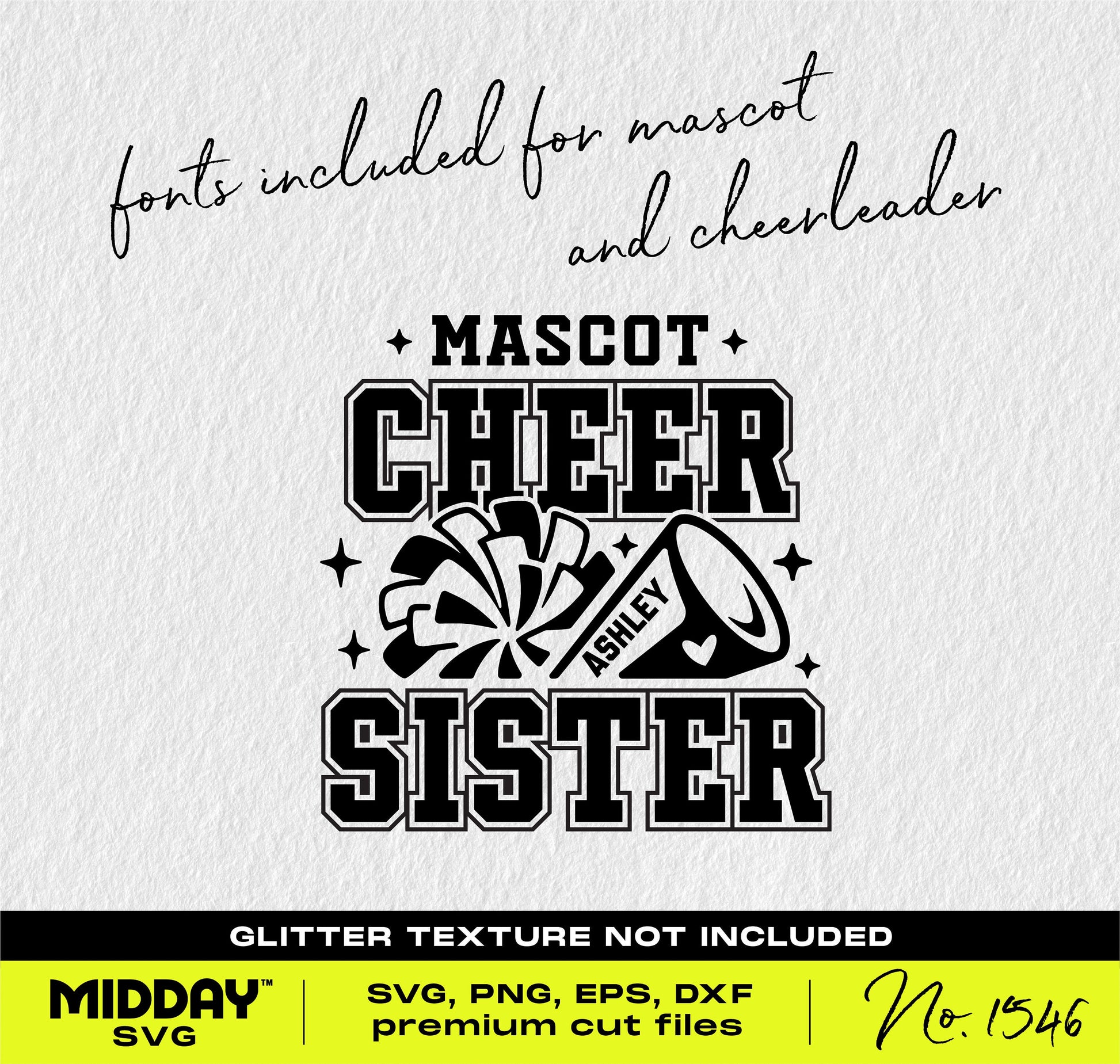 Megaphone and pom Cheer Sister SVG for Cricut, featuring mascot fonts, perfect for team shirts and competition designs.