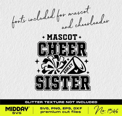 Megaphone and pom Cheer Sister SVG for Cricut, featuring mascot fonts, perfect for team shirts and competition designs.