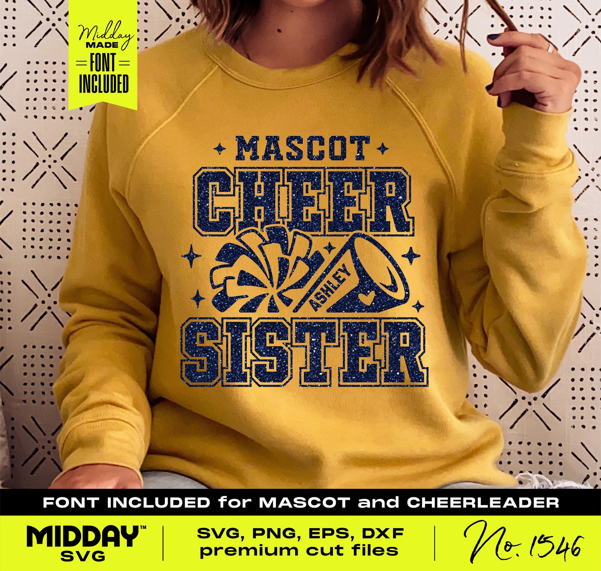 Yellow sweatshirt featuring 'Cheer Sister' design with megaphone and pom pom accents, ideal for cheer team shirts.