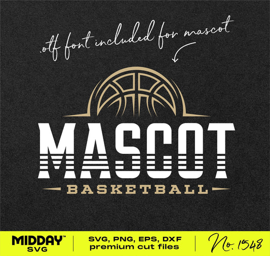 Basketball SVG design with 'Mascot' text and basketball graphic, includes .otf font, available in SVG, PNG, EPS, DXF formats.