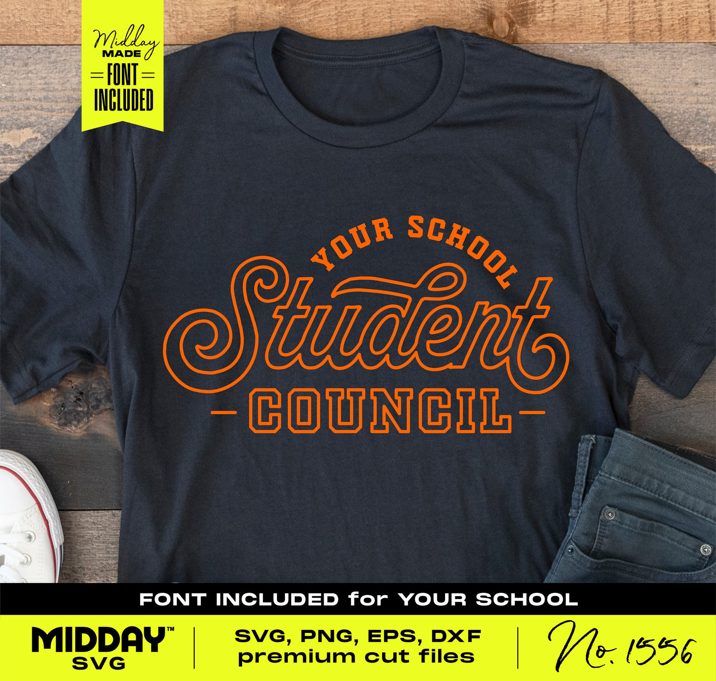Student Council shirt design in orange font on gray fabric, featuring SVG, PNG, EPS, DXF files for Cricut and Silhouette crafting.