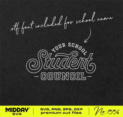 "Student Council SVG design template with customizable school name, ideal for Cricut, Silhouette, and sublimation projects."