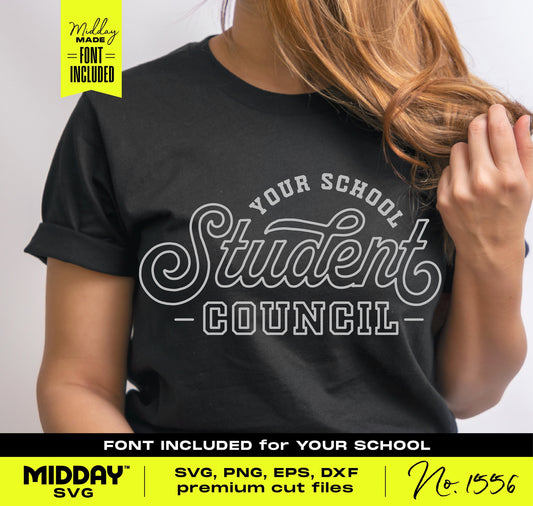 Woman wearing black shirt with 'Your School Student Council' design for Cricut and Silhouette from Midday SVG. Premium cut files included.