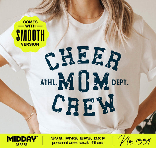 Woman wearing 'Cheer Mom Crew' shirt with athletic department design, ideal for Cricut and Silhouette projects, includes SVG, PNG, EPS, DXF.
