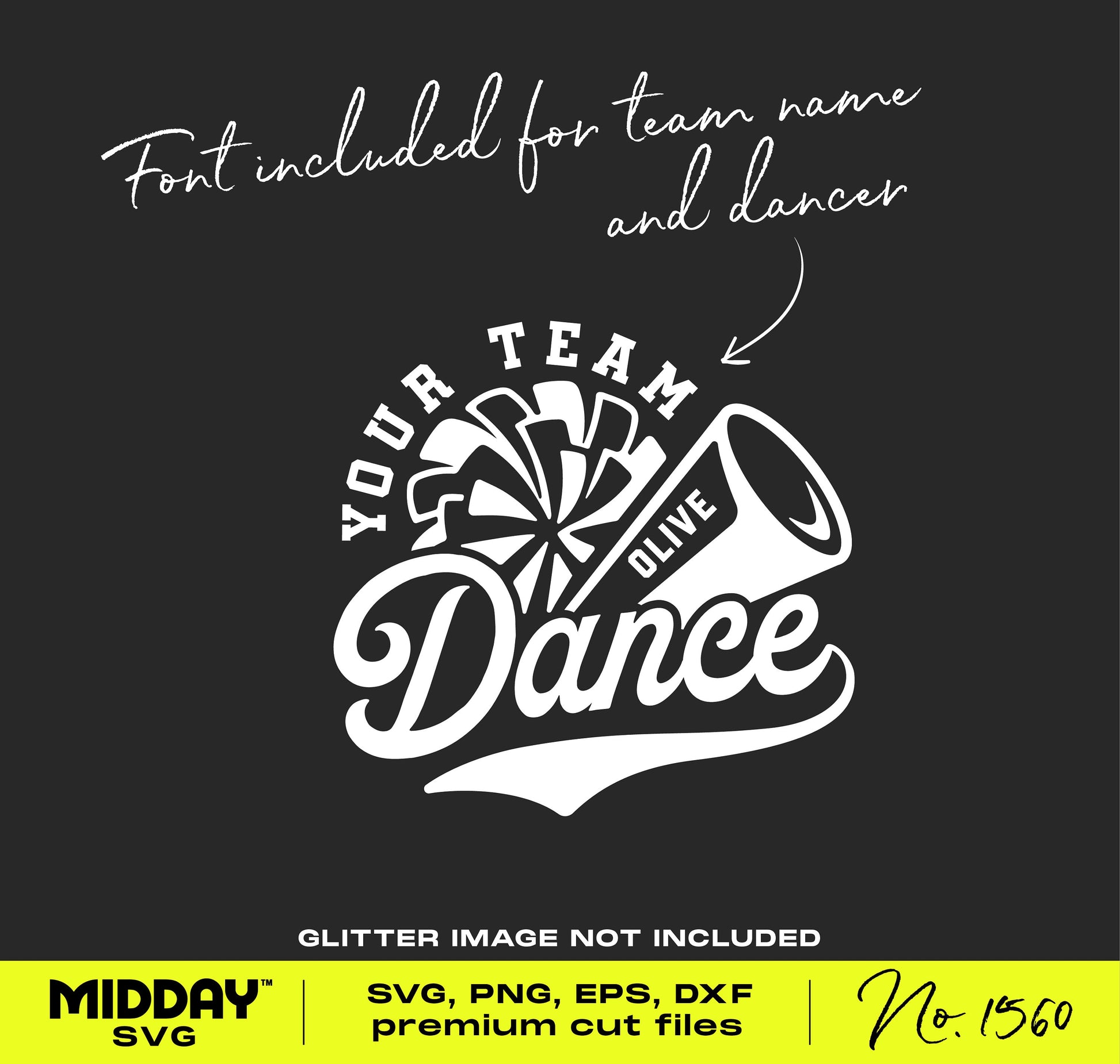 Dance team SVG design with customizable font, featuring a megaphone and cheer pom-pom for Cricut, Silhouette.