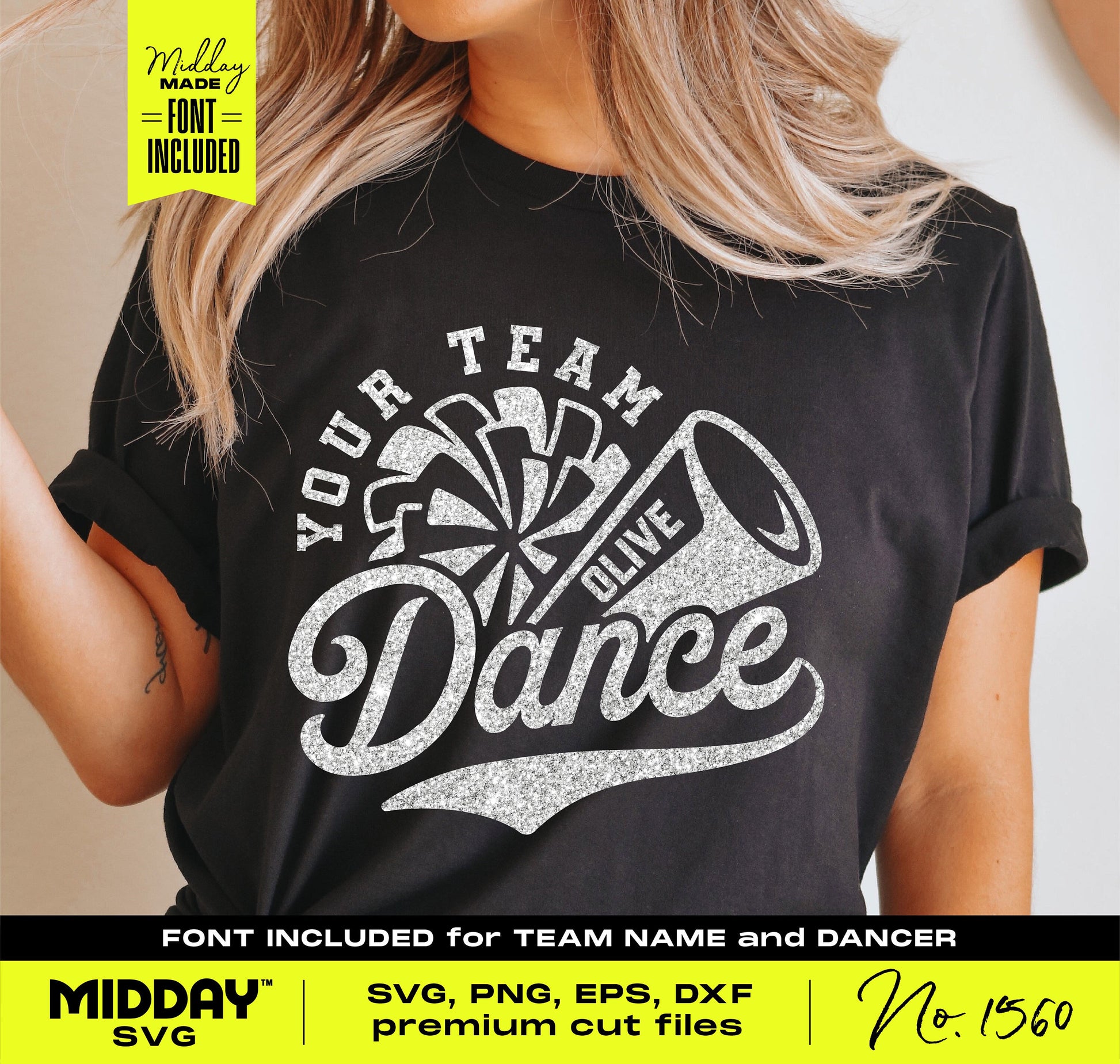 Black shirt with customizable dance team graphic, cheerleader pom-poms and megaphone design for SVG, PNG, Silhouette crafts.