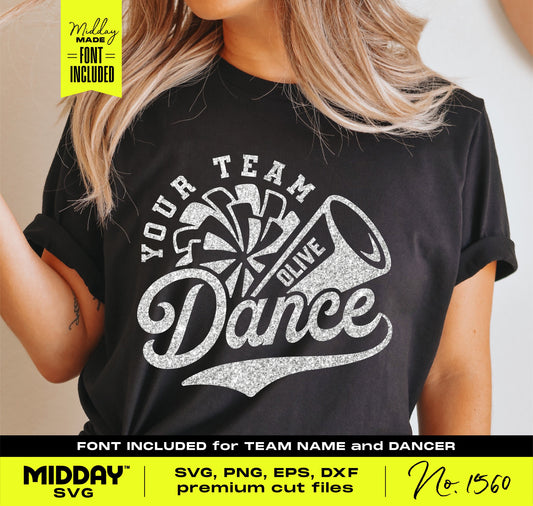 Black shirt with customizable dance team graphic, cheerleader pom-poms and megaphone design for SVG, PNG, Silhouette crafts.