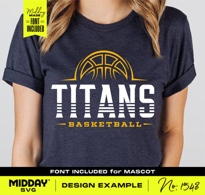 Woman wearing dark shirt with "TITANS BASKETBALL" design and mascot logo, suitable for SVG Cricut projects.