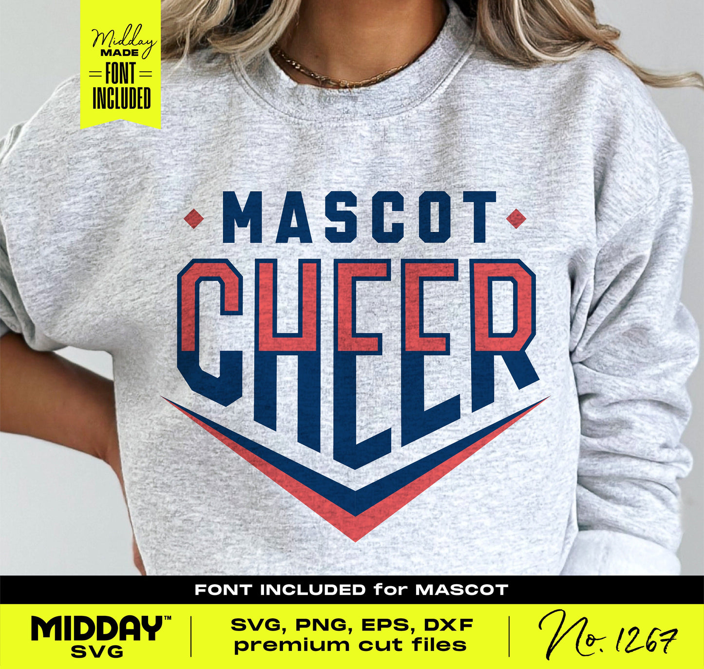 Gray sweatshirt with 'Mascot Cheer' design in red and blue, including digital files in SVG, PNG, EPS, and DXF formats, font included.