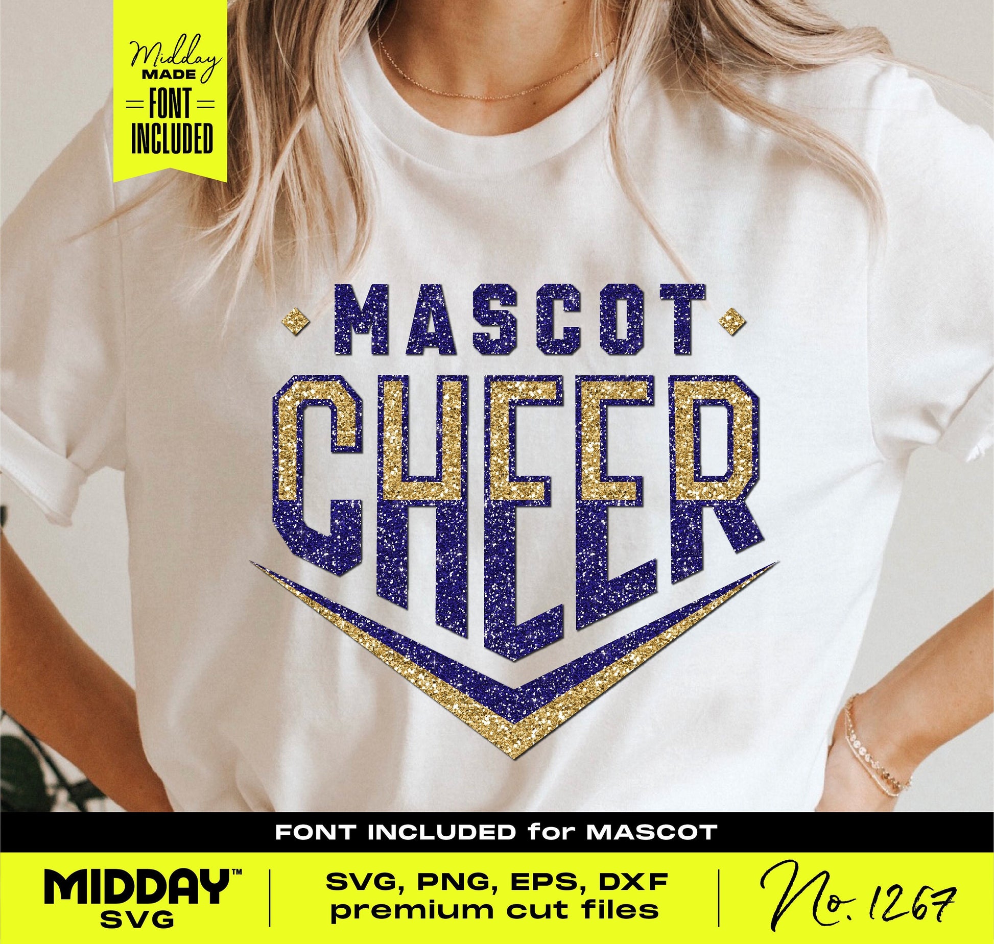 Person wearing a white t-shirt with 'Mascot Cheer' text in blue and gold, SVG and font files included, DIY craft design.