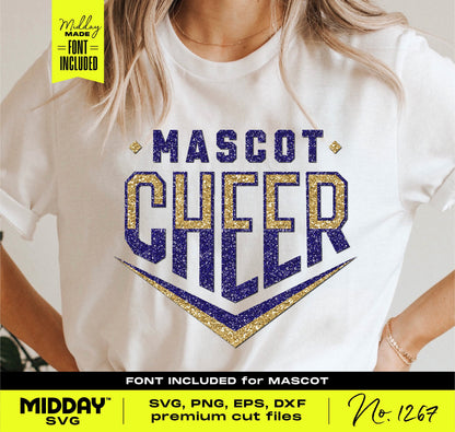Person wearing a white t-shirt with 'Mascot Cheer' text in blue and gold, SVG and font files included, DIY craft design.