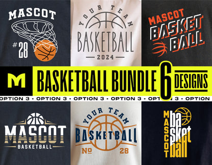 Basketball bundle SVG designs featuring 6 team logo options for customizable shirts and Cricut projects.
