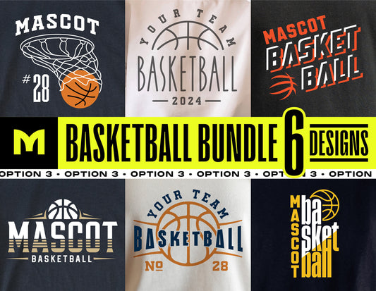 Basketball bundle SVG designs featuring 6 team logo options for customizable shirts and Cricut projects.