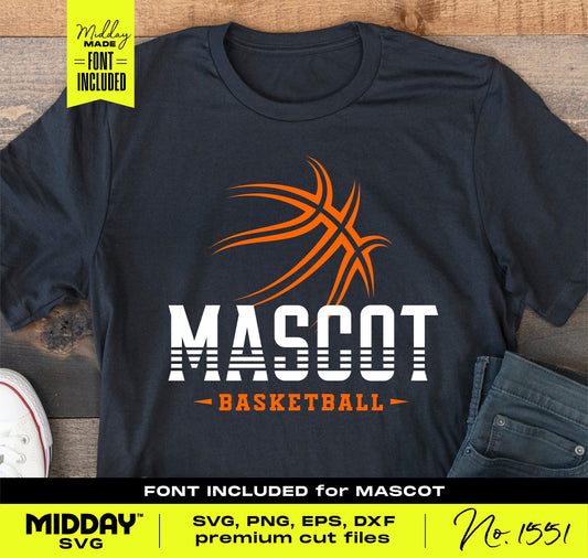 Black t-shirt with orange basketball logo and 'Mascot Basketball' text. SVG, PNG, EPS, DXF premium cut files available.