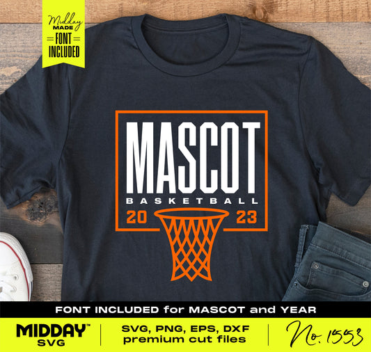 Basketball shirt design featuring "Mascot Basketball 2023" with hoop graphic, includes SVG, PNG, EPS, DXF files.