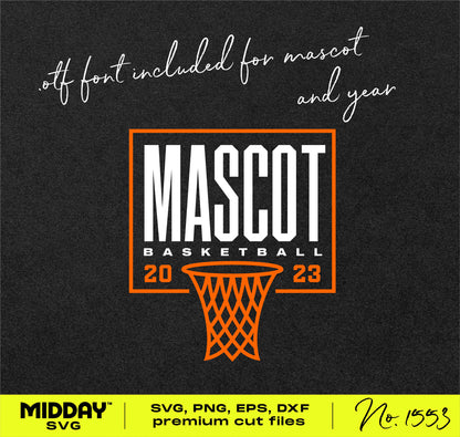 Basketball logo SVG with net and mascot text, includes .otf font for customization, available in SVG, PNG, EPS, DXF formats.