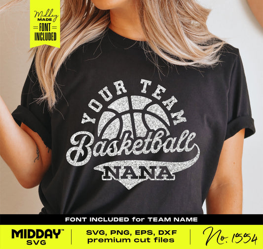 Woman wearing a black t-shirt with "Your Team Basketball Nana" design, available in SVG, PNG, EPS, and DXF formats for Cricut or Silhouette.