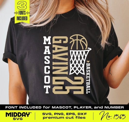 Customizable basketball team template shirt with player name, number, and mascot in three fonts. SVG, PNG, DXF, EPS included.