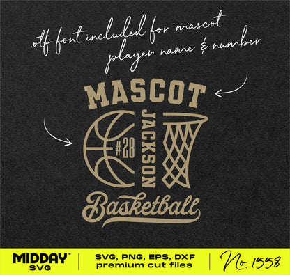 Basketball SVG design template with mascot logo, player name and number, featuring basketball and hoop graphics; suitable for Cricut and Silhouette.