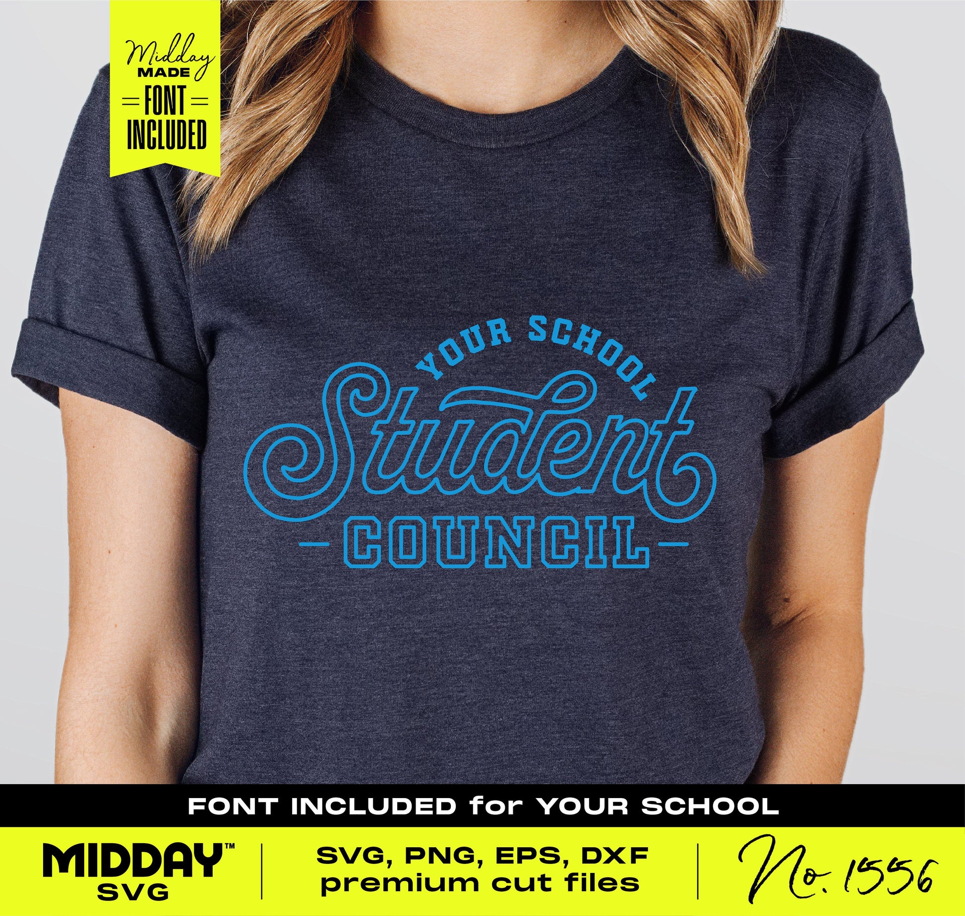 Woman wearing a navy Student Council shirt with custom font, suitable for Cricut, Silhouette, and sublimation crafting.