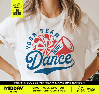 White t-shirt with customizable cheer and dance team SVG design, featuring a pom-pom and megaphone graphic, for DIY crafting.