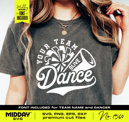 Dance team SVG design on t-shirt with cheer elements; suitable for Cricut, Silhouette, and sublimation projects.