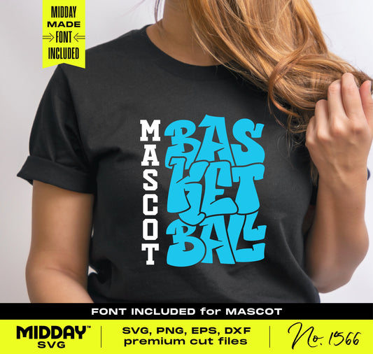 Person wearing a black T-shirt with graffiti-style 'Mascot Basketball' design, featuring SVG, PNG fonts for Cricut and Silhouette.