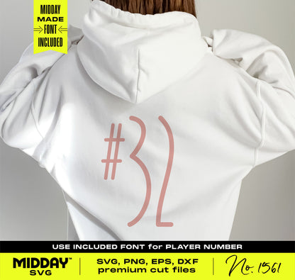 Customizable basketball hoodie SVG design with player number, includes font, compatible with Cricut and Silhouette, premium cut files.