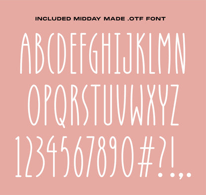Midday Made OTF font display with alphabet, numbers, and symbols on pink background.